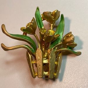 Rare Signed Jo-Jo Vintage Gold Tone & Green Enamel Flower Pot Brooch Pin